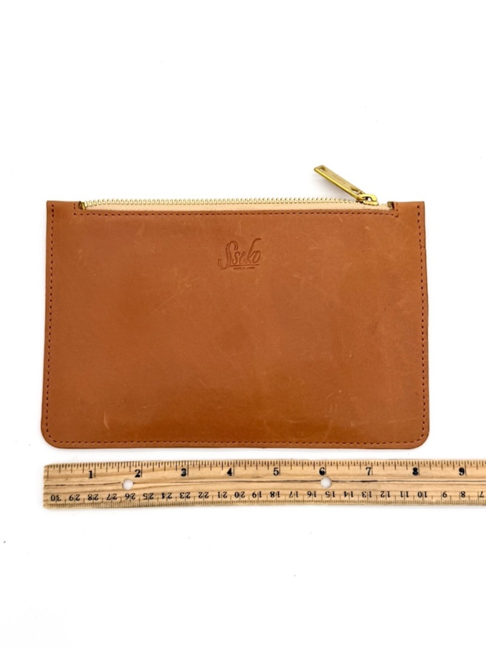 Sseko Leather Zipper Pouch Wallet 3 Card Slots Slim Flat Caramel Brown Clutch